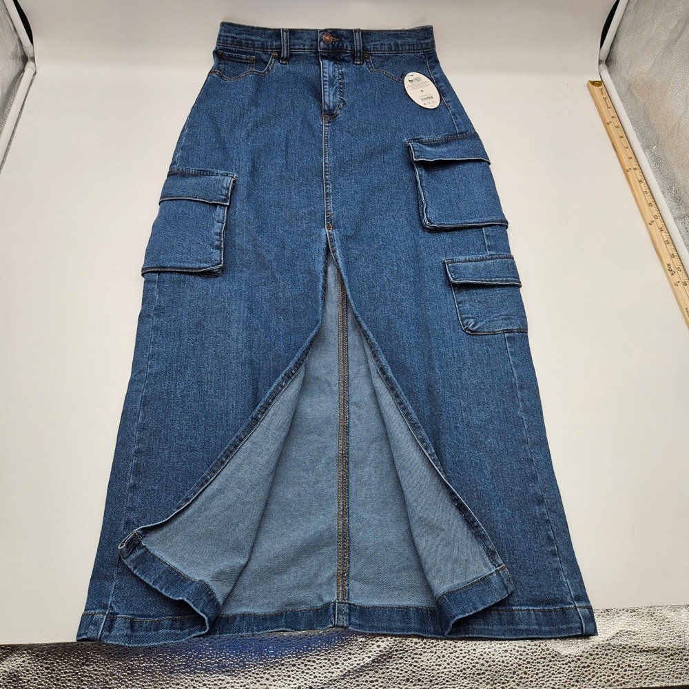 Scoop Womens Cargo Maxi Skirt Medium Wash Denim Front Slit Blue‎ Size 4 NEW